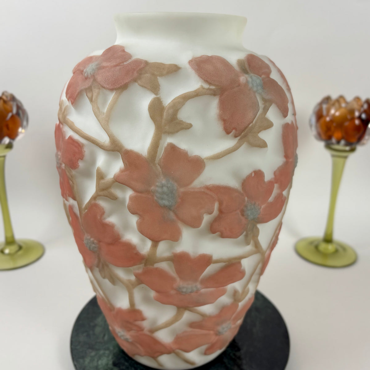 Antique 1920s Consolidated Glass Dogwood Vase |⋆˙⟡| Original Label, Coral Pink Martele Art Glass