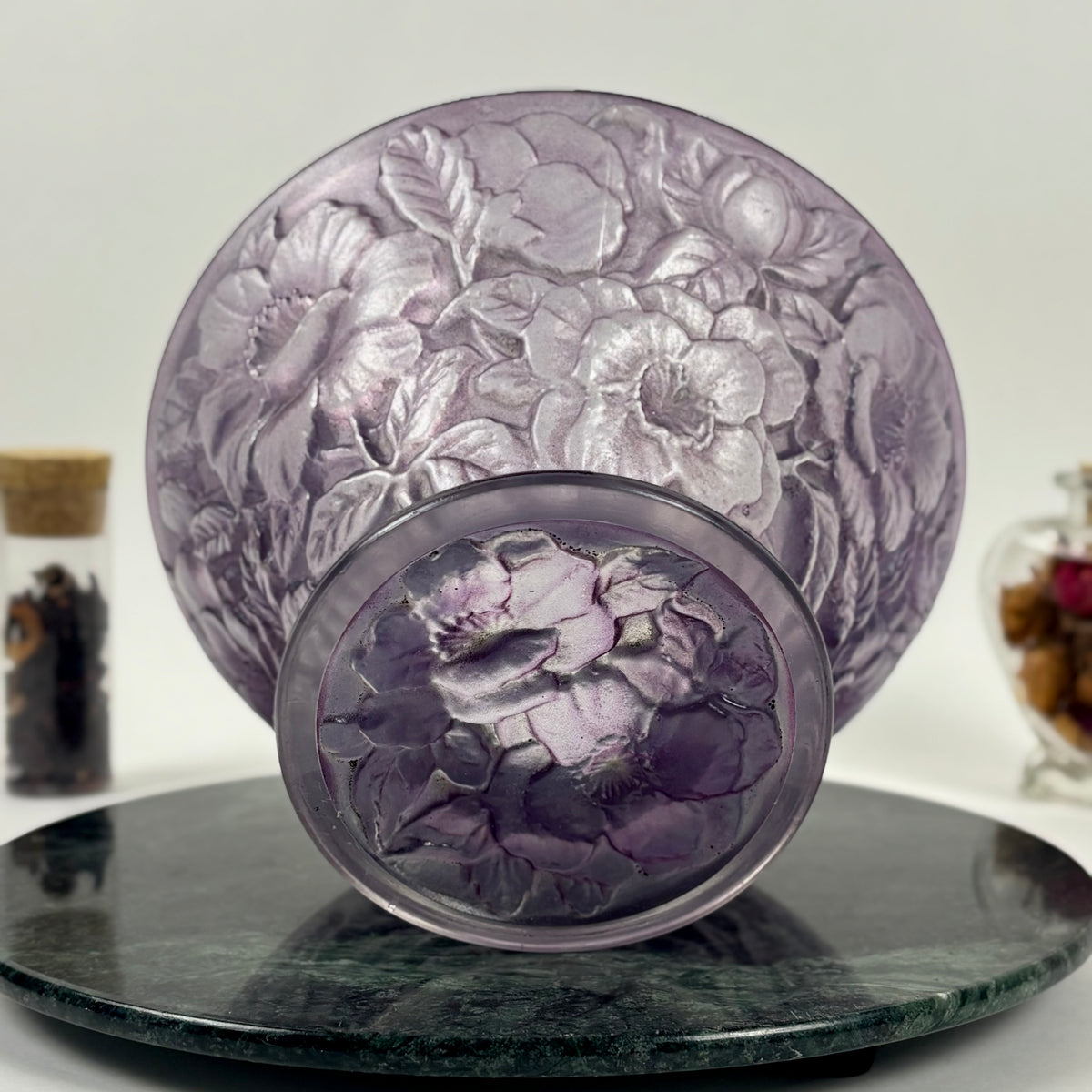 Vintage Consolidated Glass Co. Purple Wash Martelé |⋆˙⟡| Floral Design Footed Bowl, C. 1920s