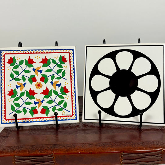 Set of 2 Vintage Ceramic Wall Tiles |⋆˙⟡| Berggren Floral Pattern,  Black and White 70’s Flower