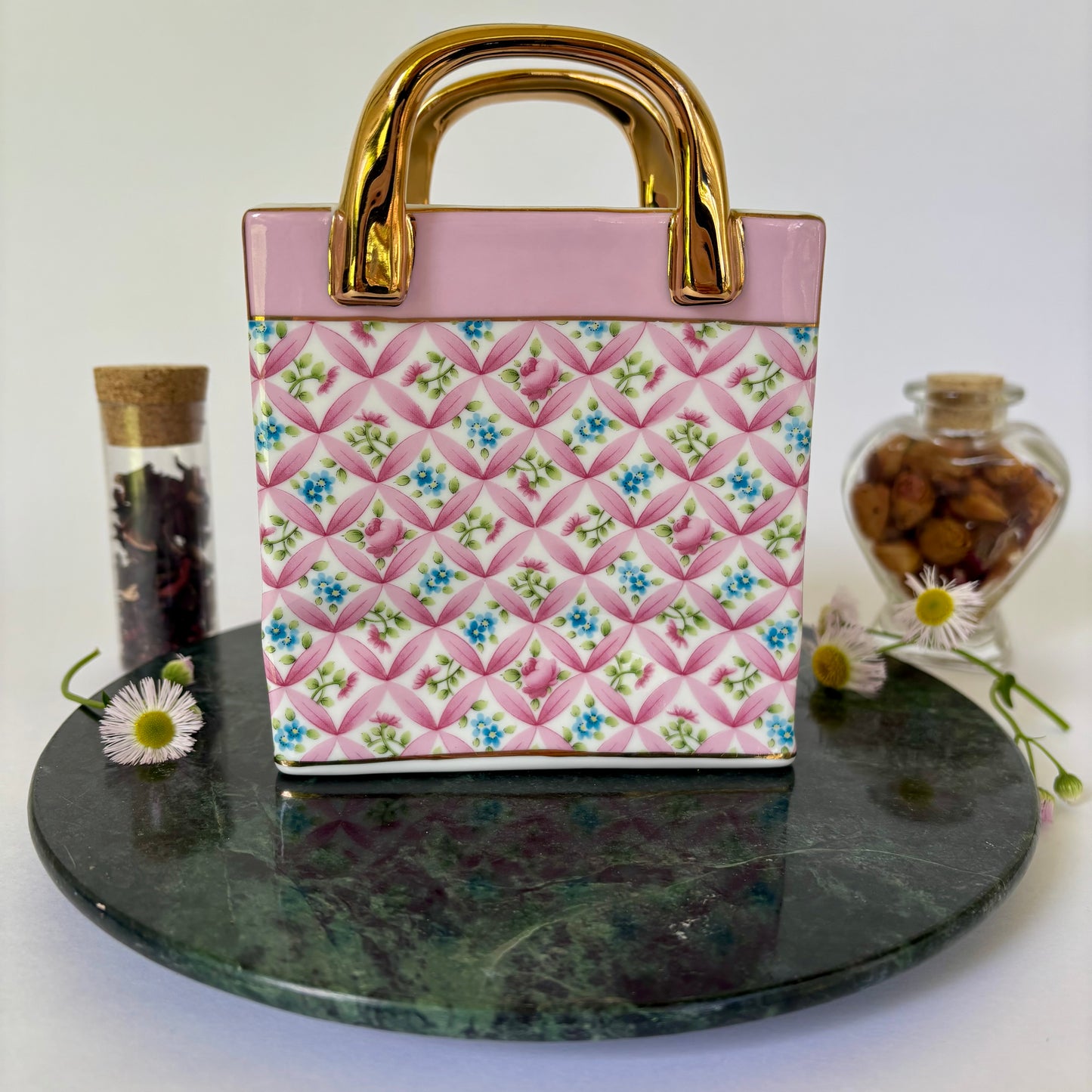 Porcelain Purse Planter / Vase |⋆˙⟡ | Pink Floral Lattice Gold Handle Vanity Decor