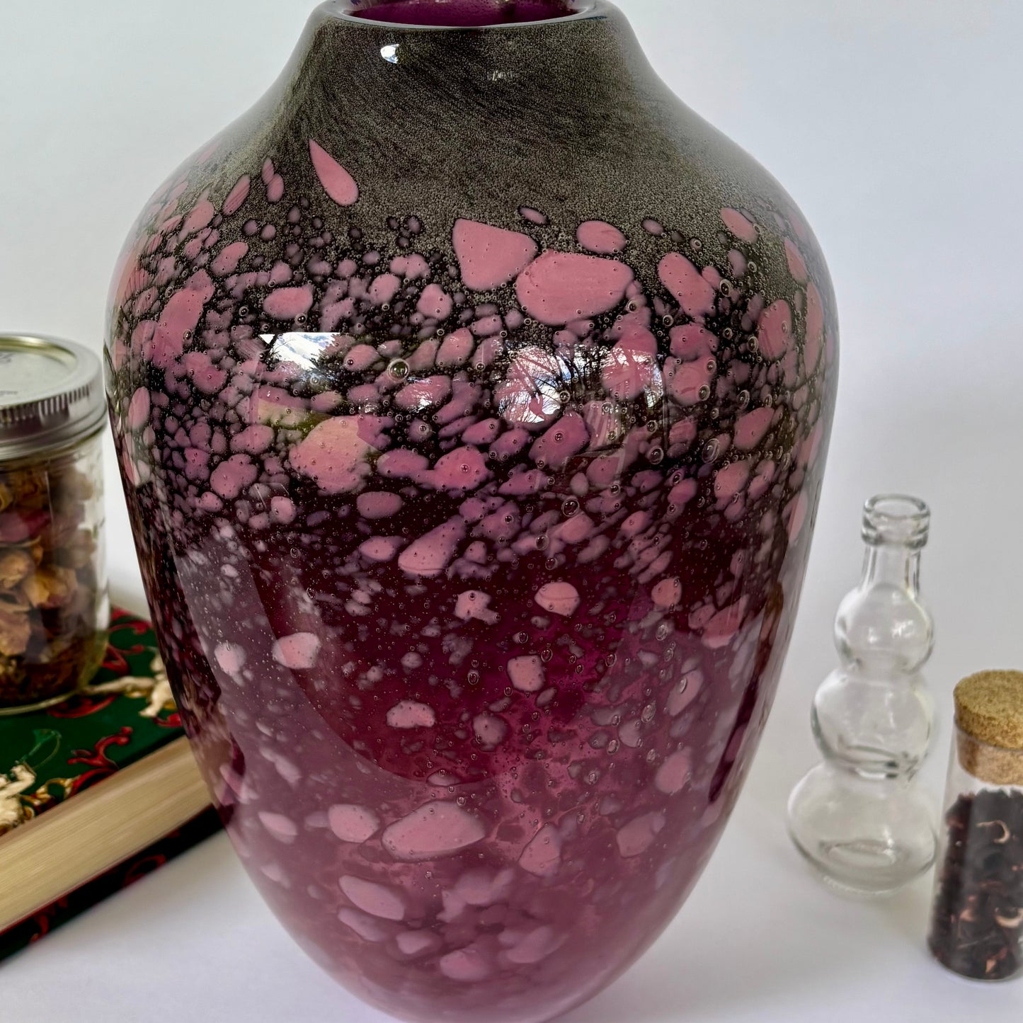 90's Signed Hand Blown Pink Art Glass Vase ⋆˙⟡ Cranberry Bubble / Mottled Studio Glass