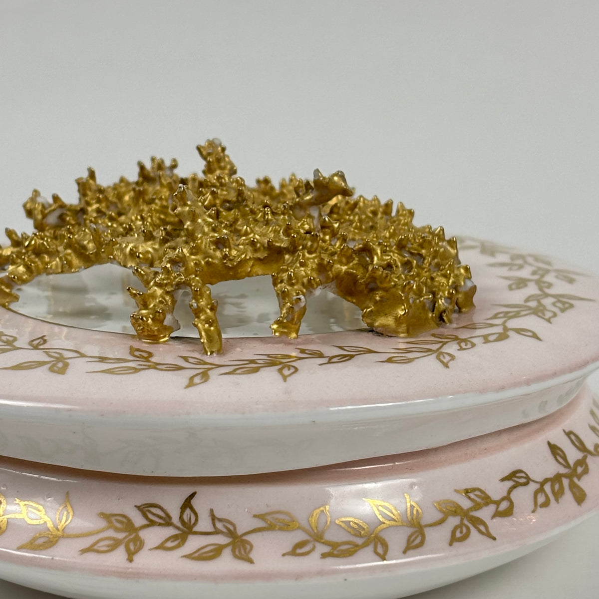 RARE Antique KT&K Lotus Ware |⋆˙⟡| Pink & Gold Porcelain Covered Dresser Box