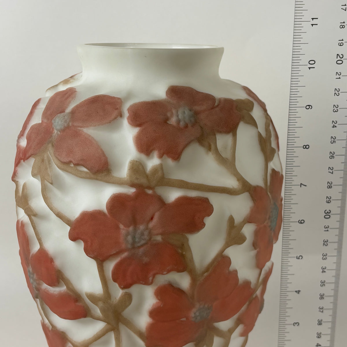 Antique 1920s Consolidated Glass Dogwood Vase |⋆˙⟡| Original Label, Coral Pink Martele Art Glass