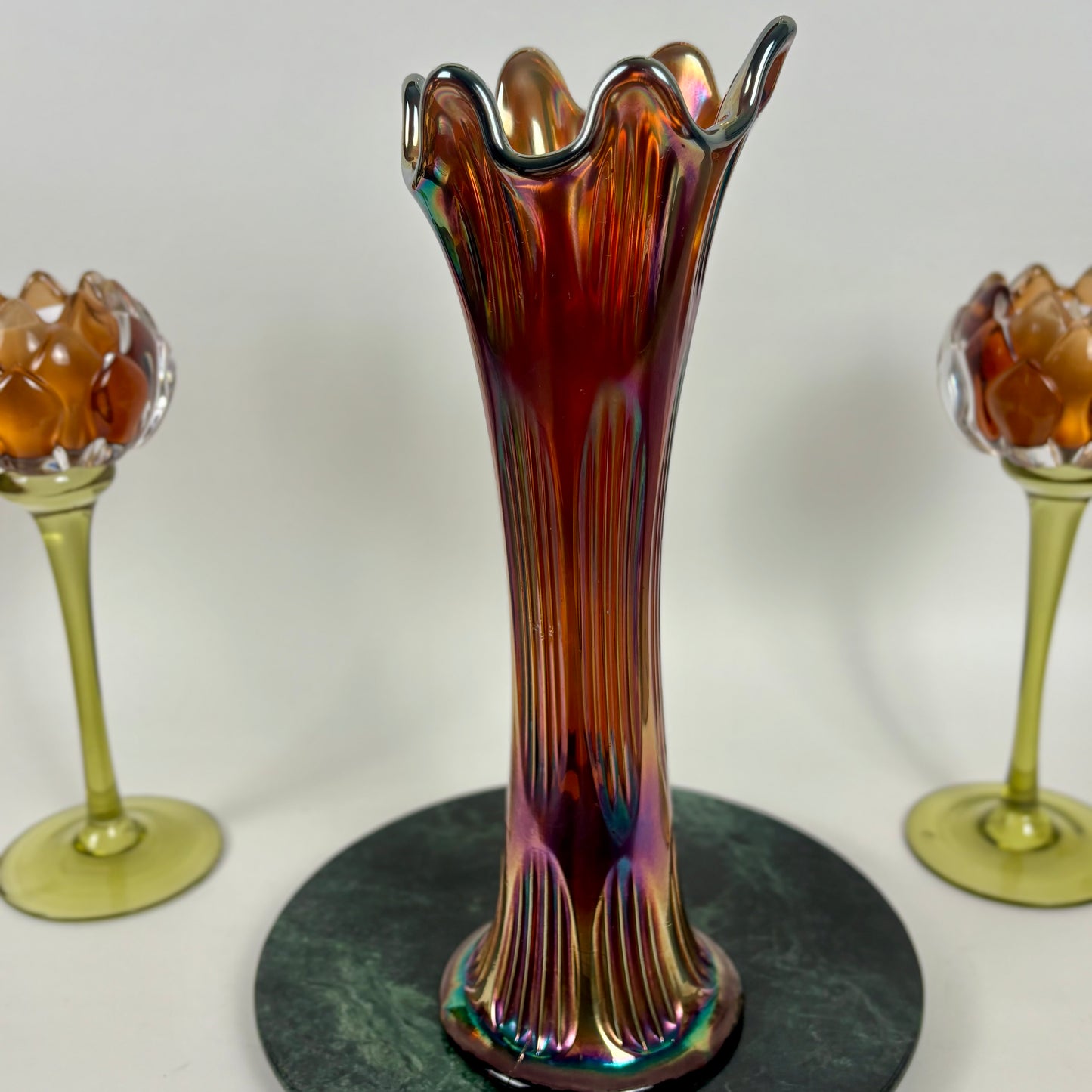 Fenton Amethyst Diamond & Rib Pattern Swung Glass Vase |⋆˙⟡| Iridescent Ribbed Art Glass, Early 20th Century