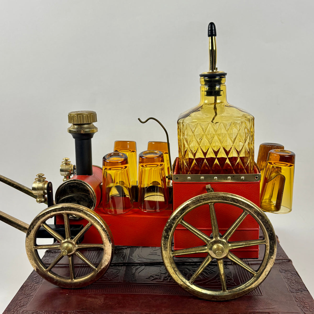 Vintage Japanese Musical Fire Wagon Decanter Set |⋆˙⟡| Amber Glass Barware