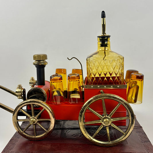 Vintage Japanese Musical Fire Wagon Decanter Set |⋆˙⟡| Amber Glass Barware
