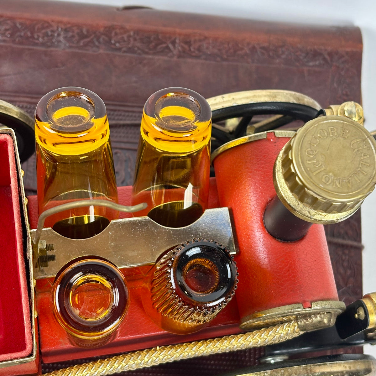 Vintage Japanese Musical Fire Wagon Decanter Set |⋆˙⟡| Amber Glass Barware