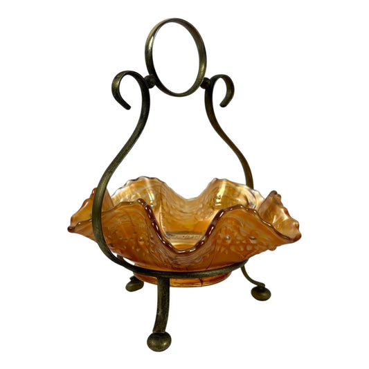 Antique Fenton Sailboats Marigold Carnival Glass Bowl |⋆˙⟡| with Brass Stand, c. Early 1900s