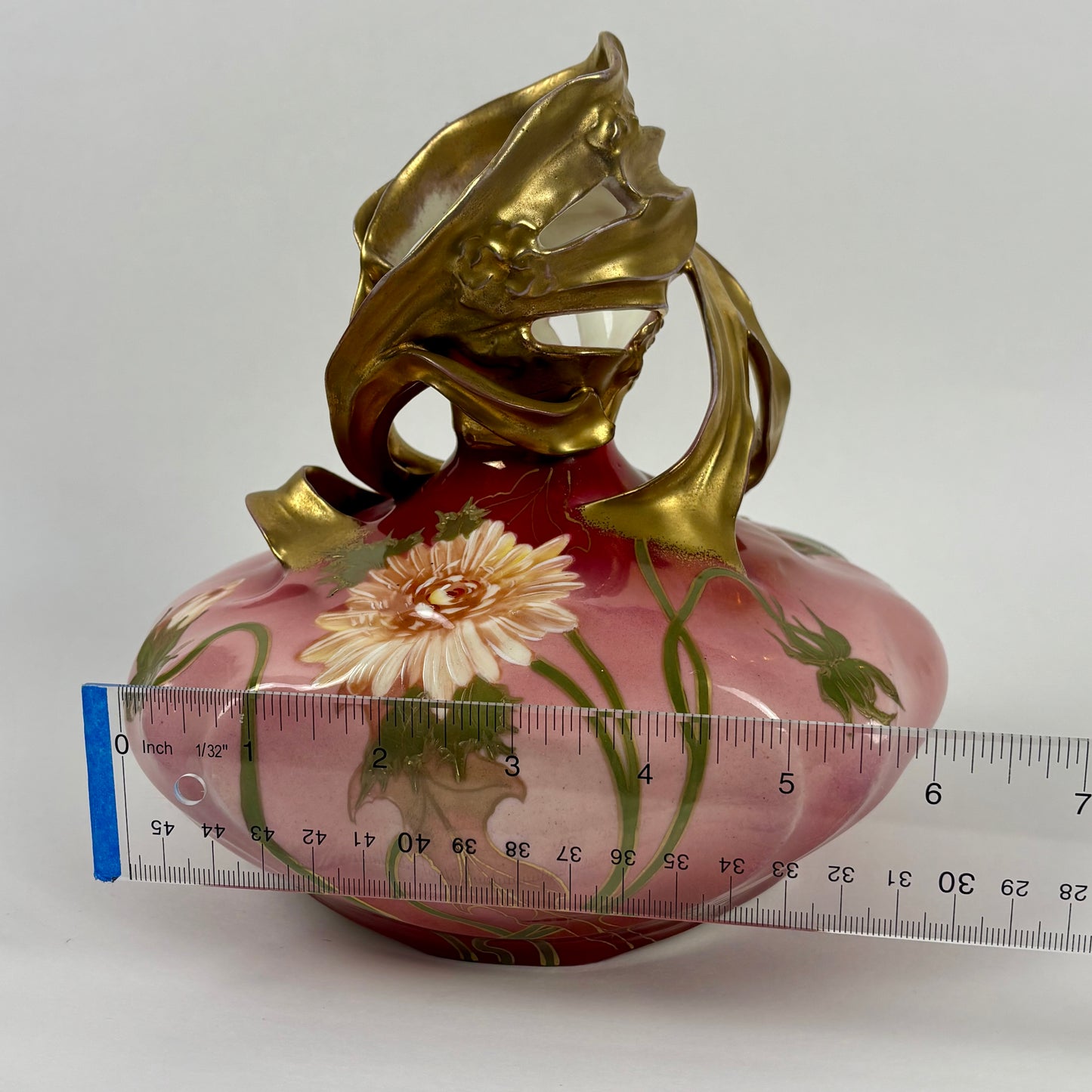 Vintage Art Nouveau Hand-Painted Pink Floral |⋆˙⟡| Porcelain Vase with Gilt Handles