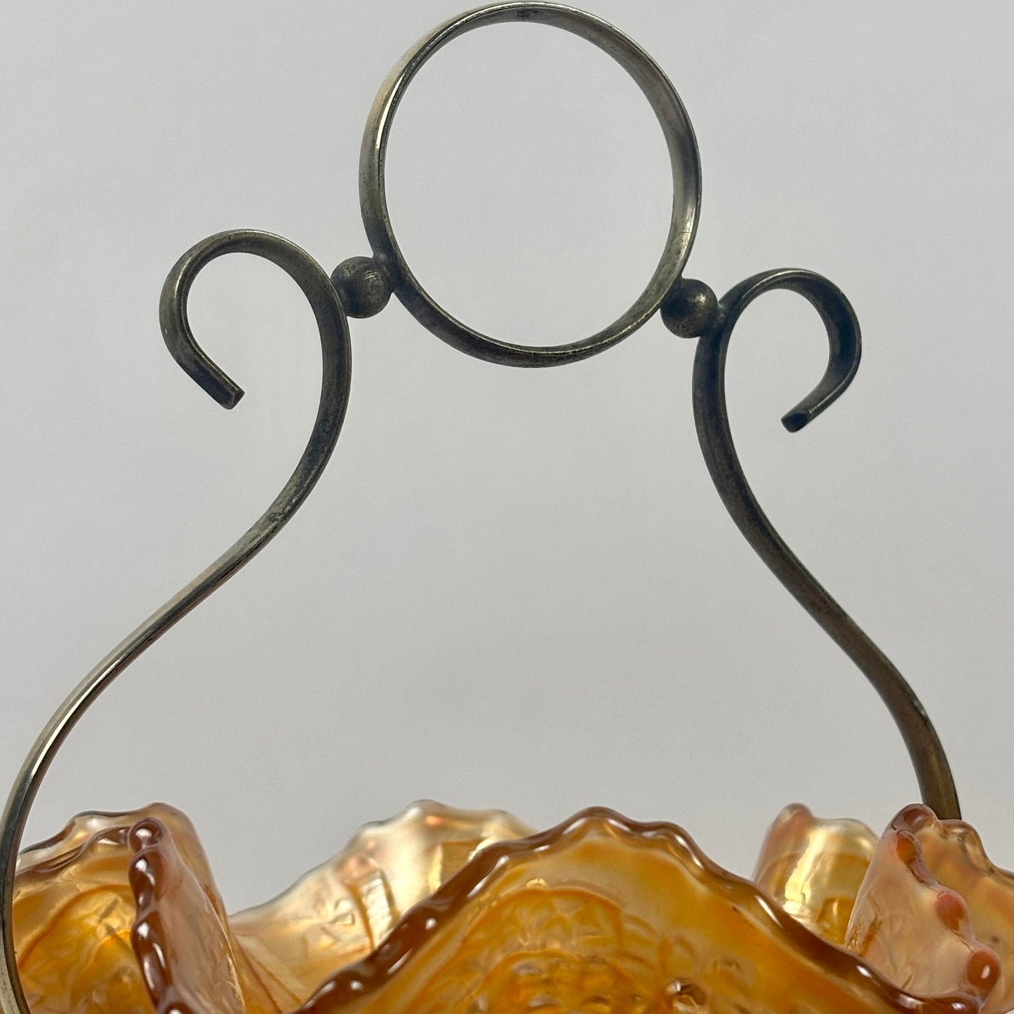 Antique Fenton Sailboats Marigold Carnival Glass Bowl |⋆˙⟡| with Brass Stand, c. Early 1900s