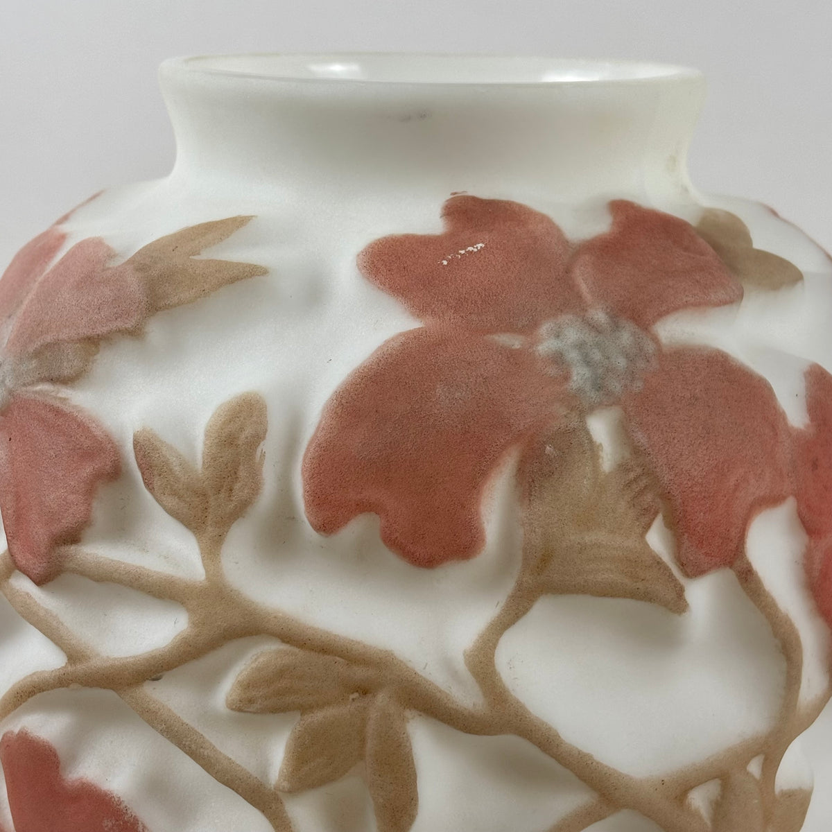 Antique 1920s Consolidated Glass Dogwood Vase |⋆˙⟡| Original Label, Coral Pink Martele Art Glass