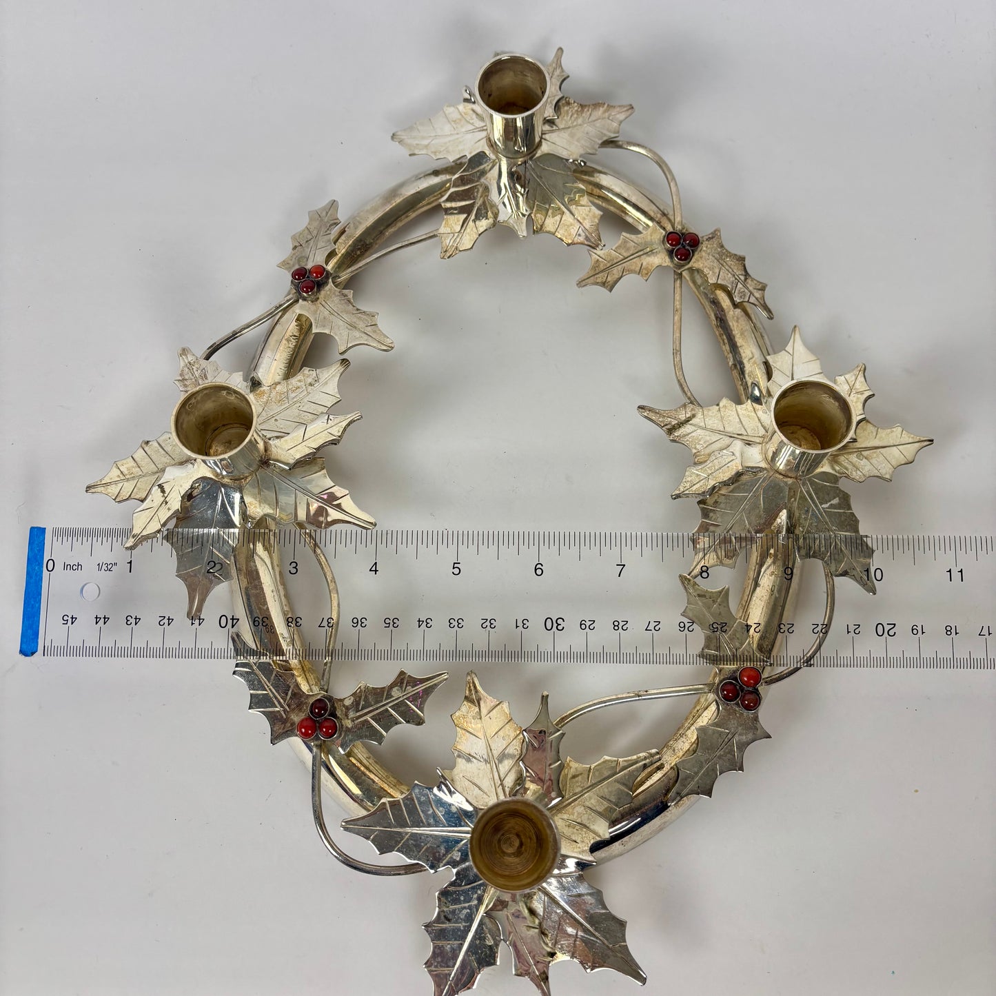 Vintage Silver Tone Metal Holly Advent Wreath Candle Holder |⋆˙⟡| Christmas Centerpiece, Made in India
