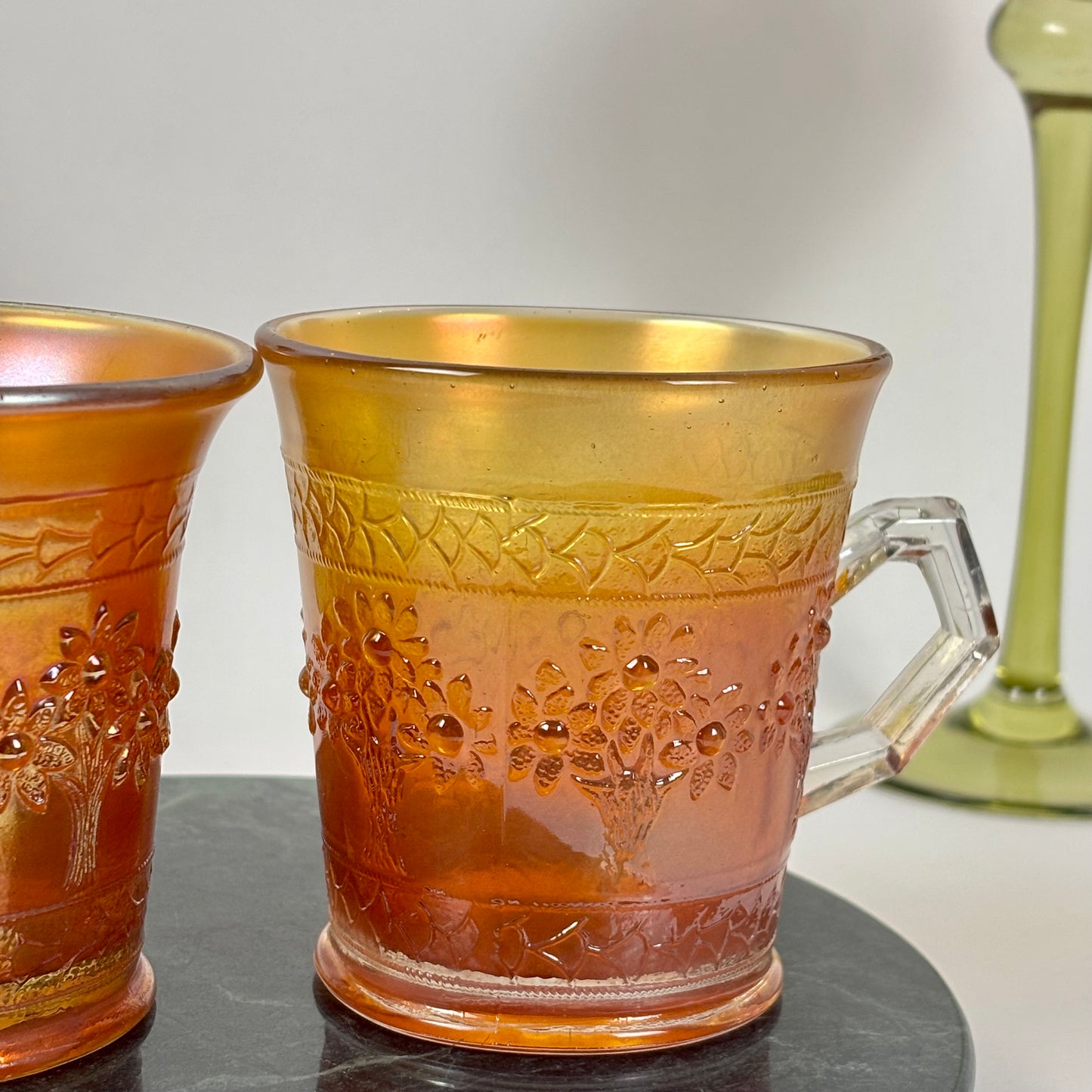 Antique Fenton Orange Tree |⋆˙⟡|Marigold Carnival Glass Mugs Pair, c. 1911–1920s