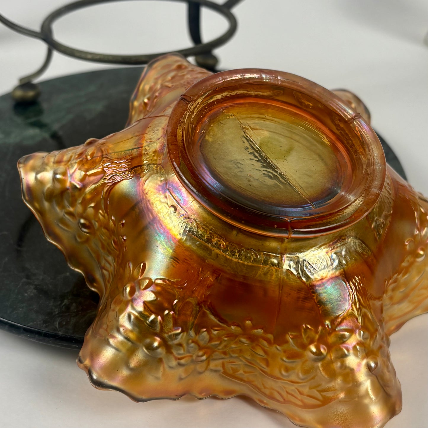Antique Fenton Sailboats Marigold Carnival Glass Bowl |⋆˙⟡| with Brass Stand, c. Early 1900s