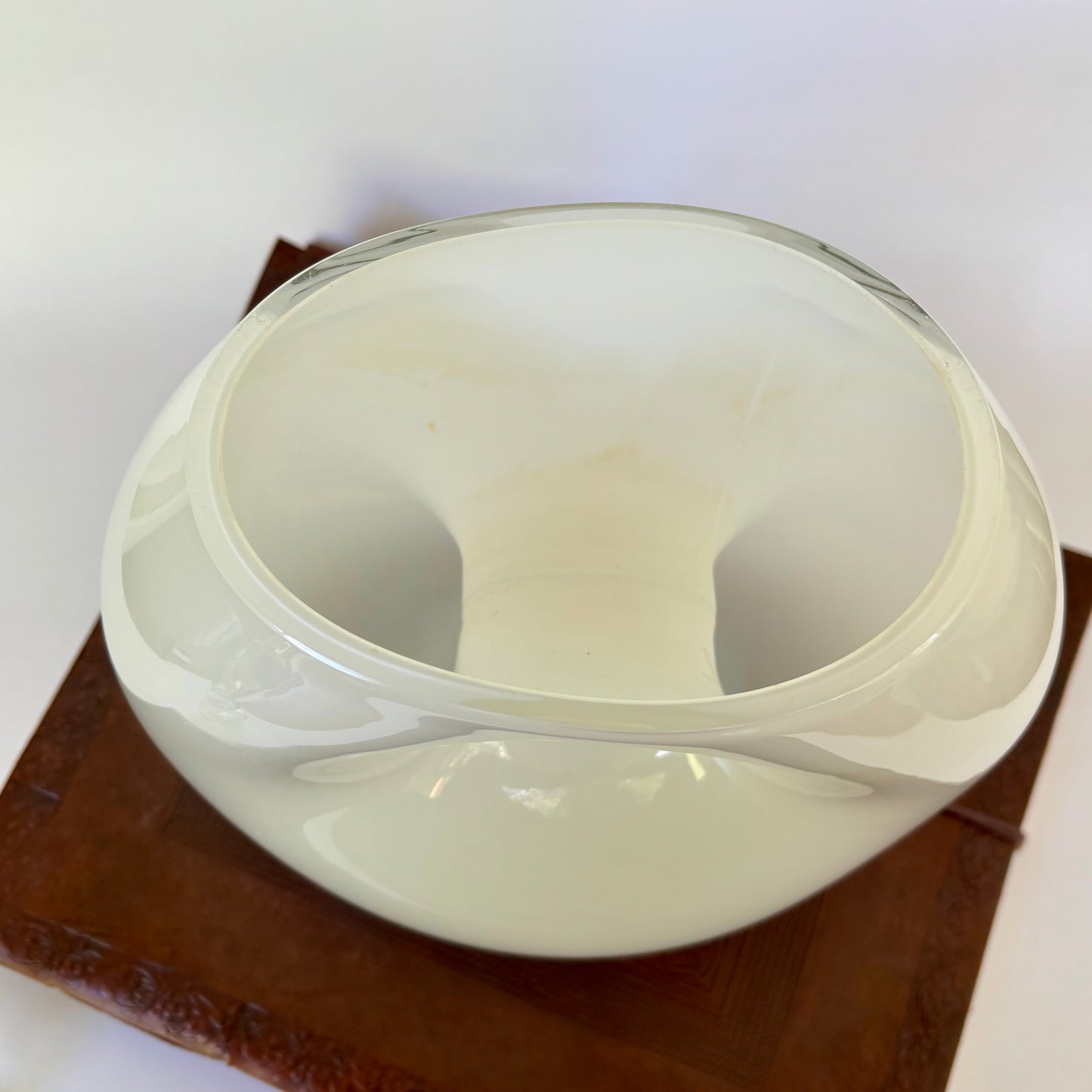 Large White Glass Donut Vase |⋆˙⟡ | Sculptural Hollow Center Art Glass Bowl