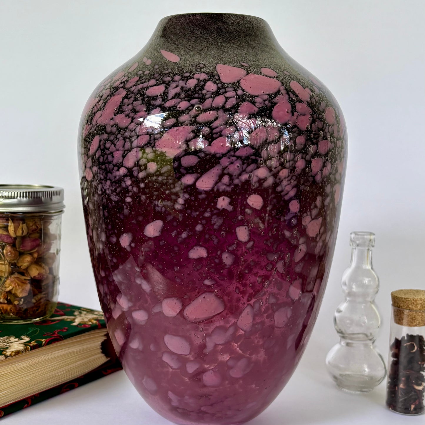 90's Signed Hand Blown Pink Art Glass Vase ⋆˙⟡ Cranberry Bubble / Mottled Studio Glass