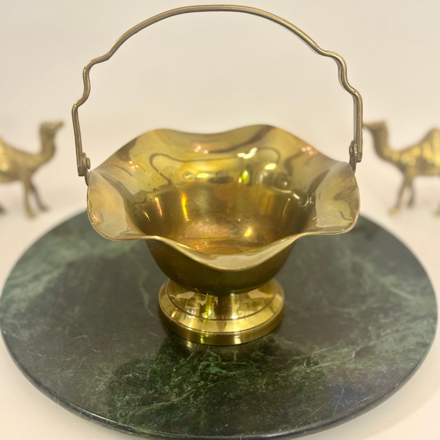 Vintage Interpur Brass Basket Bowl  |⋆˙⟡ |  Scalloped Pedestal Dish with Handle / Made in Taiwan