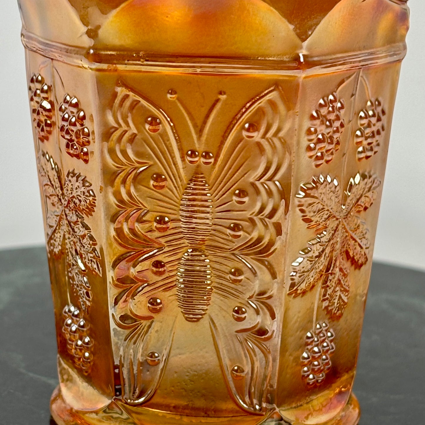 Antique Fenton Butterfly & Berry Marigold Carnival Glass Juice Tumbler |⋆˙⟡| c. 1911