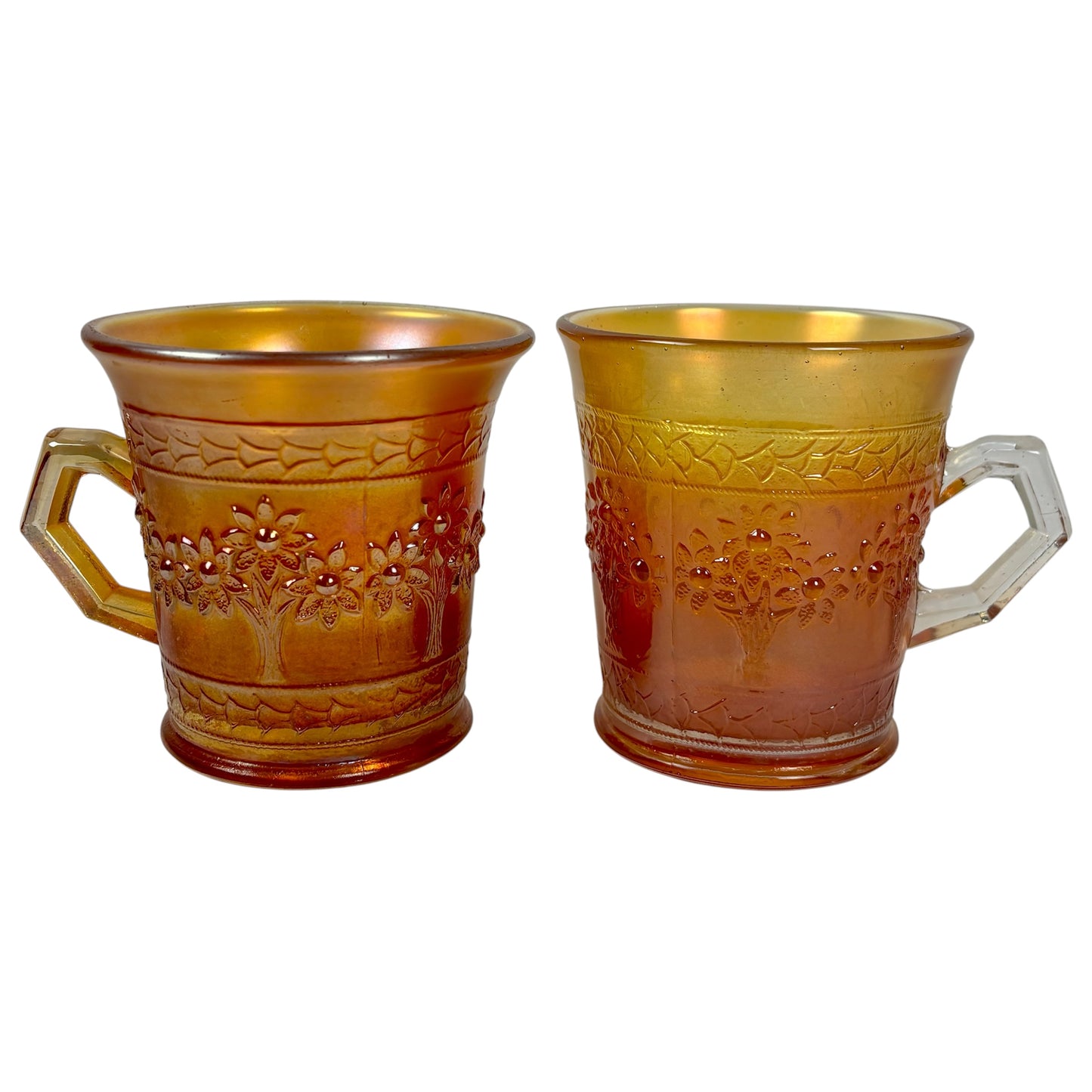 Antique Fenton Orange Tree |⋆˙⟡|Marigold Carnival Glass Mugs Pair, c. 1911–1920s