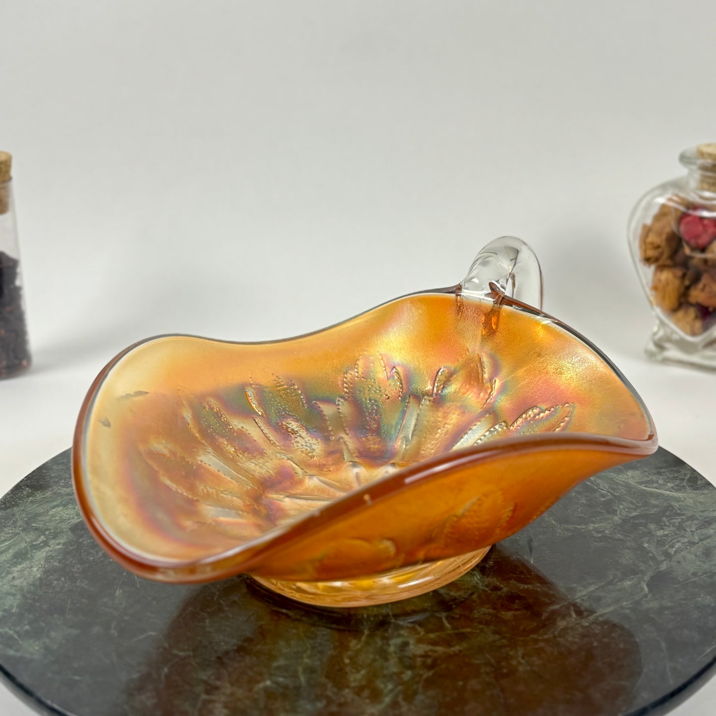 Antique Dugan Glass Leaf Ray Marigold Carnival Glass Nappy Dish |⋆˙⟡| Iridescent Handled Bowl, c. 1910