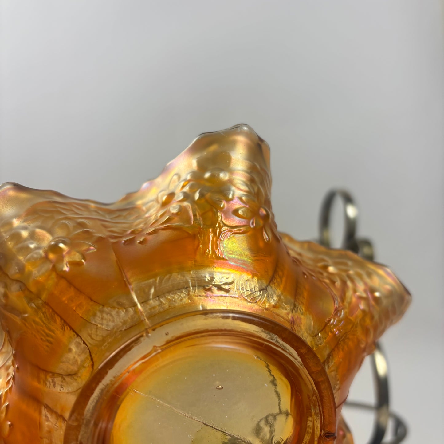 Antique Fenton Sailboats Marigold Carnival Glass Bowl |⋆˙⟡| with Brass Stand, c. Early 1900s