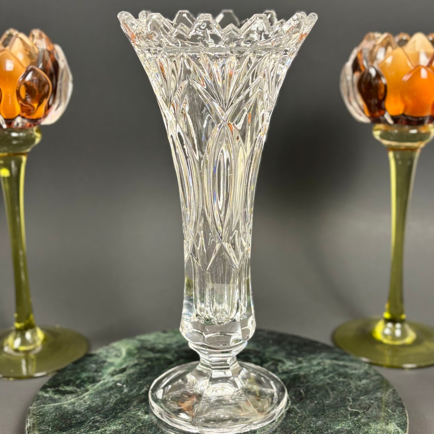 Vintage Crystal Trumpet Vase | ⋆˙⟡ | Pedestal Cut Glass Vase with Scalloped Rim