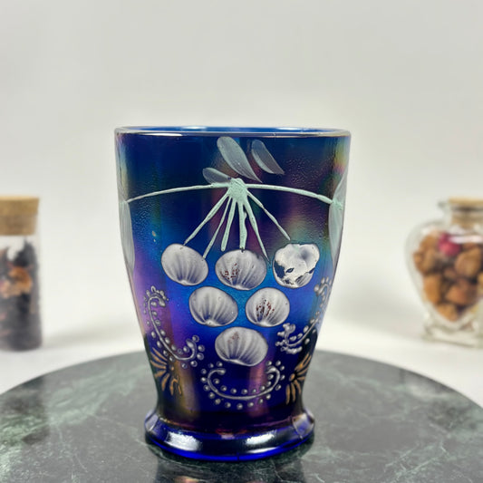 Antique Northwood Blue Carnival Glass Enameled Ground Cherries Tumbler |⋆˙⟡| c. 1910s