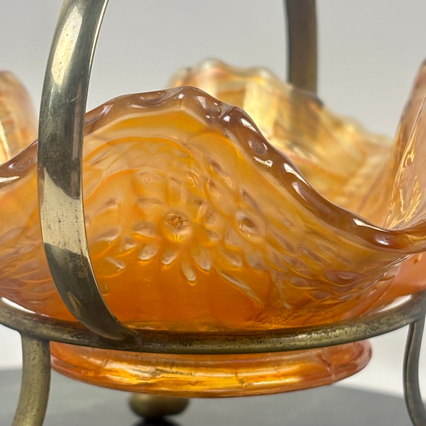 Antique Fenton Sailboats Marigold Carnival Glass Bowl |⋆˙⟡| with Brass Stand, c. Early 1900s