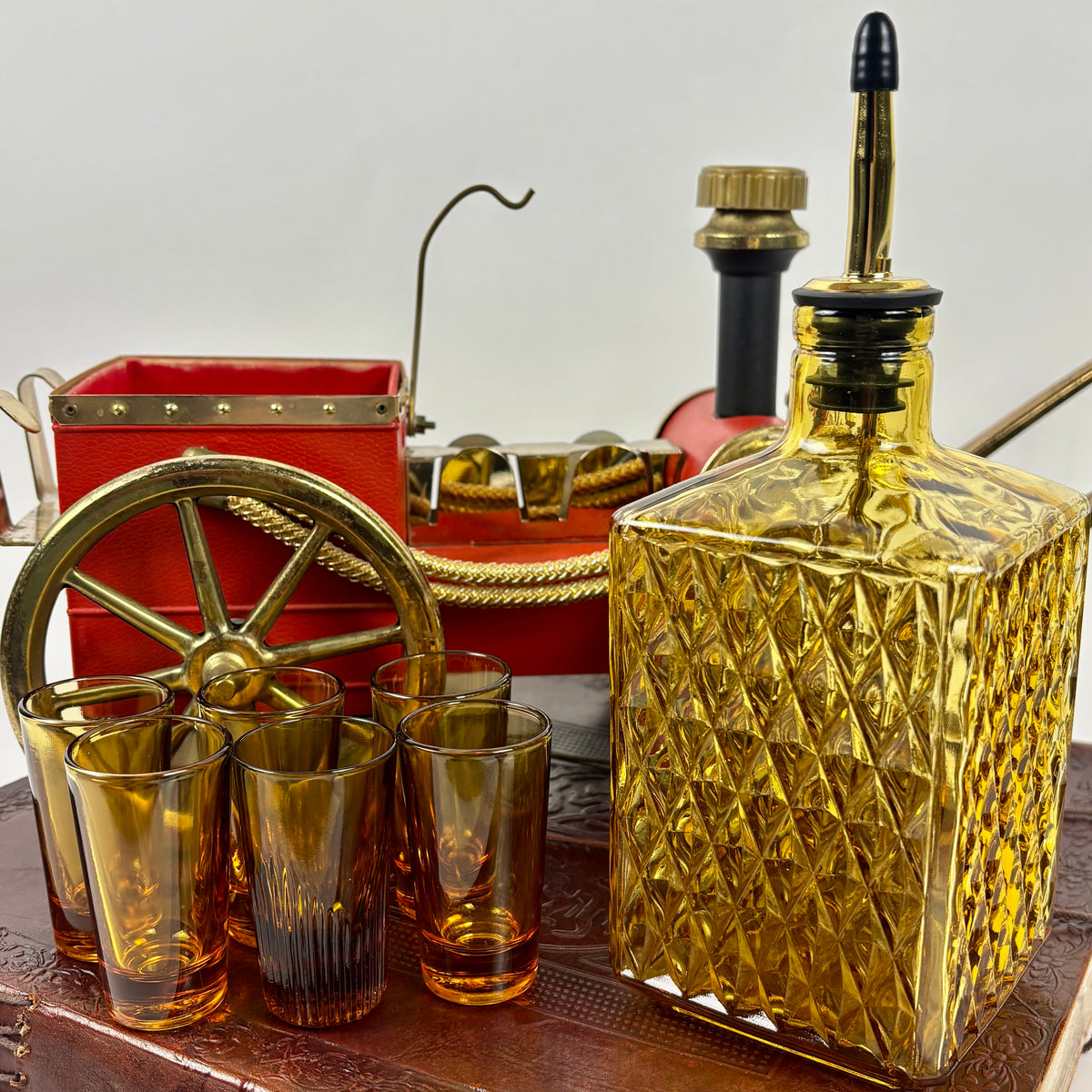 Vintage Japanese Musical Fire Wagon Decanter Set |⋆˙⟡| Amber Glass Barware