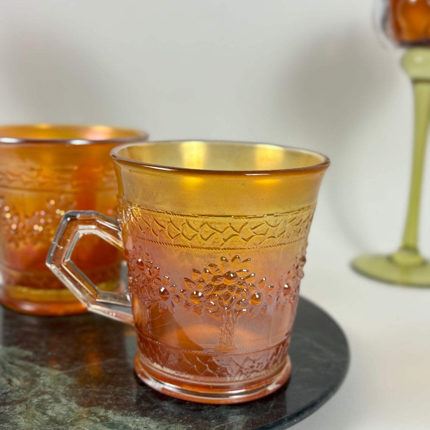 Antique Fenton Orange Tree |⋆˙⟡|Marigold Carnival Glass Mugs Pair, c. 1911–1920s