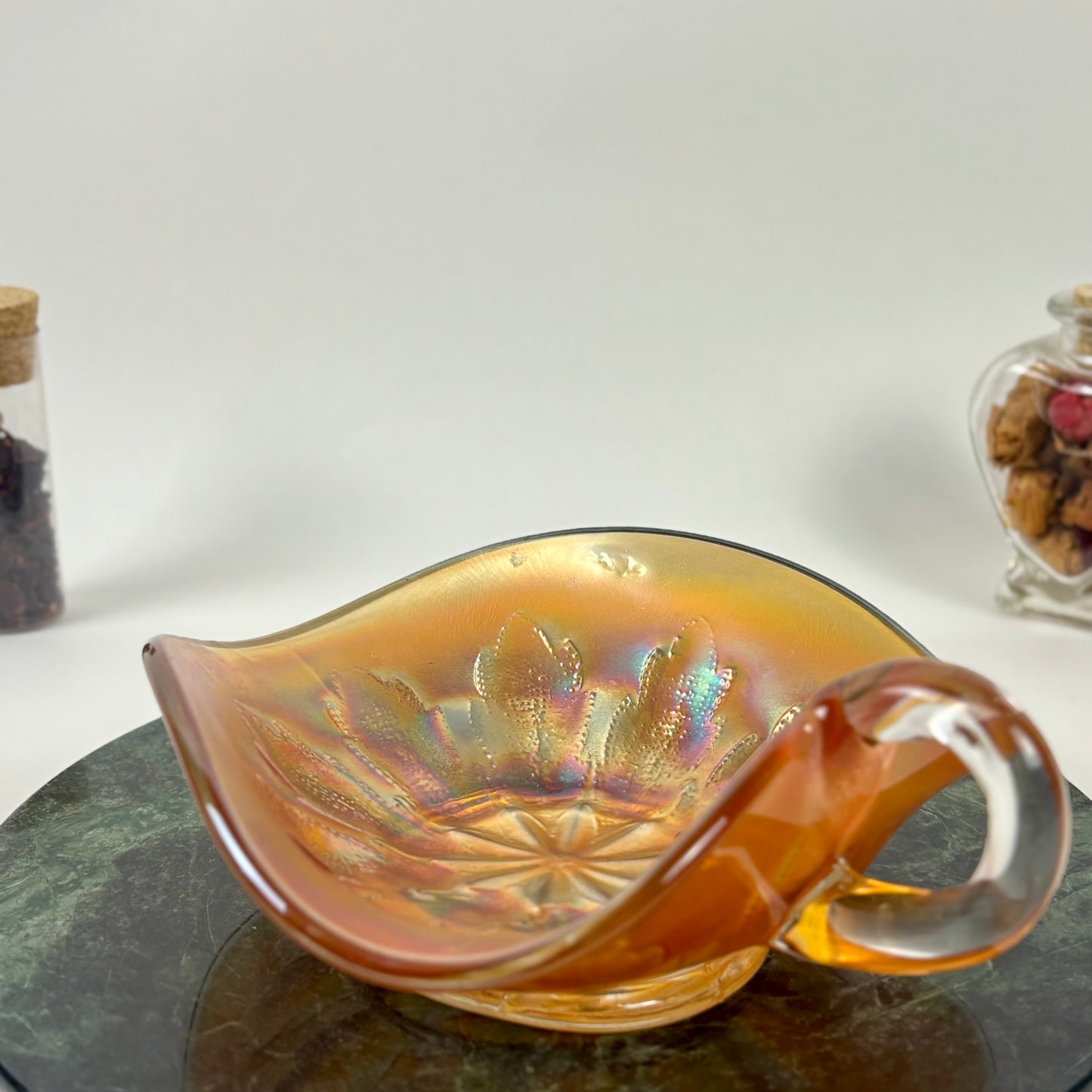 Antique Dugan Glass Leaf Ray Marigold Carnival Glass Nappy Dish |⋆˙⟡| Iridescent Handled Bowl, c. 1910