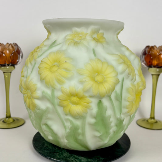 Phoenix Art Glass Yellow Daisy Pattern Vase |⋆˙⟡| Reverse Decorated, c. 1930s–1950s, Sculptured Floral Art Glass