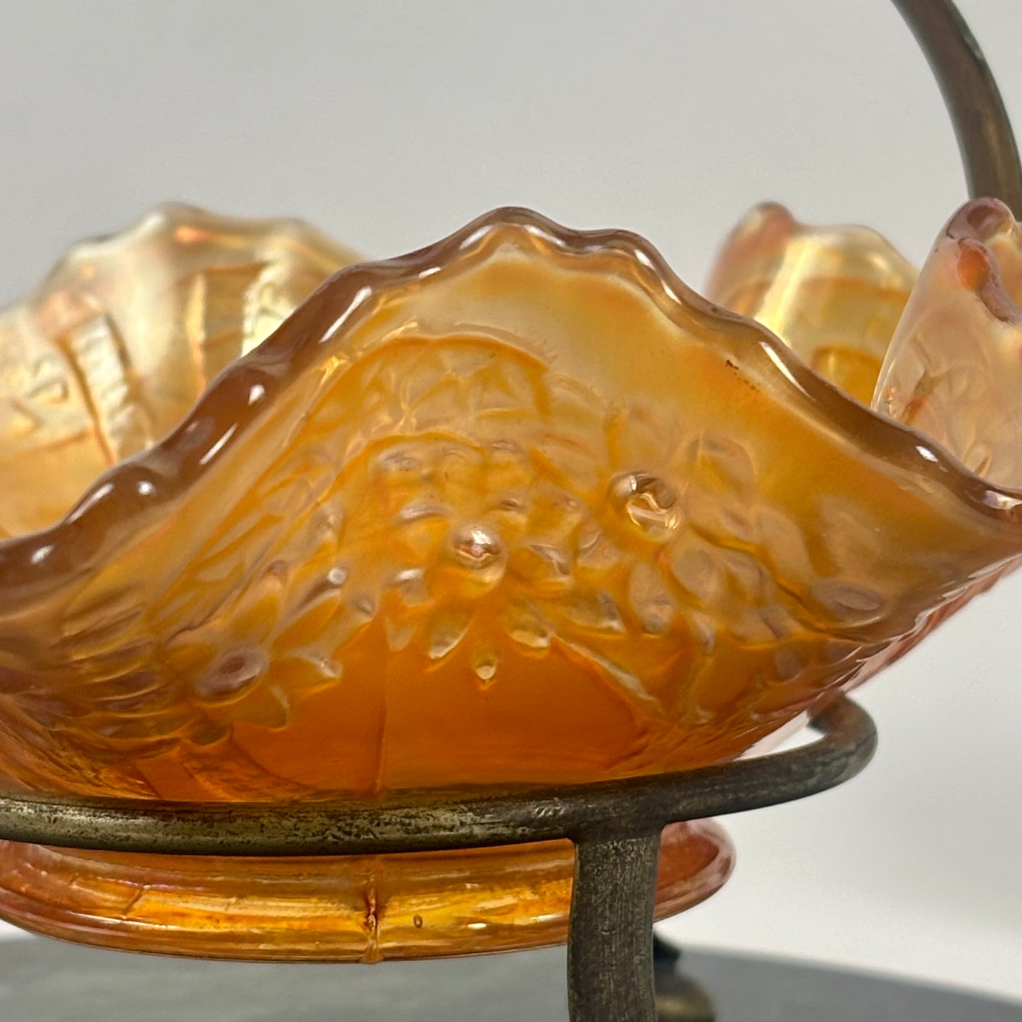 Antique Fenton Sailboats Marigold Carnival Glass Bowl |⋆˙⟡| with Brass Stand, c. Early 1900s