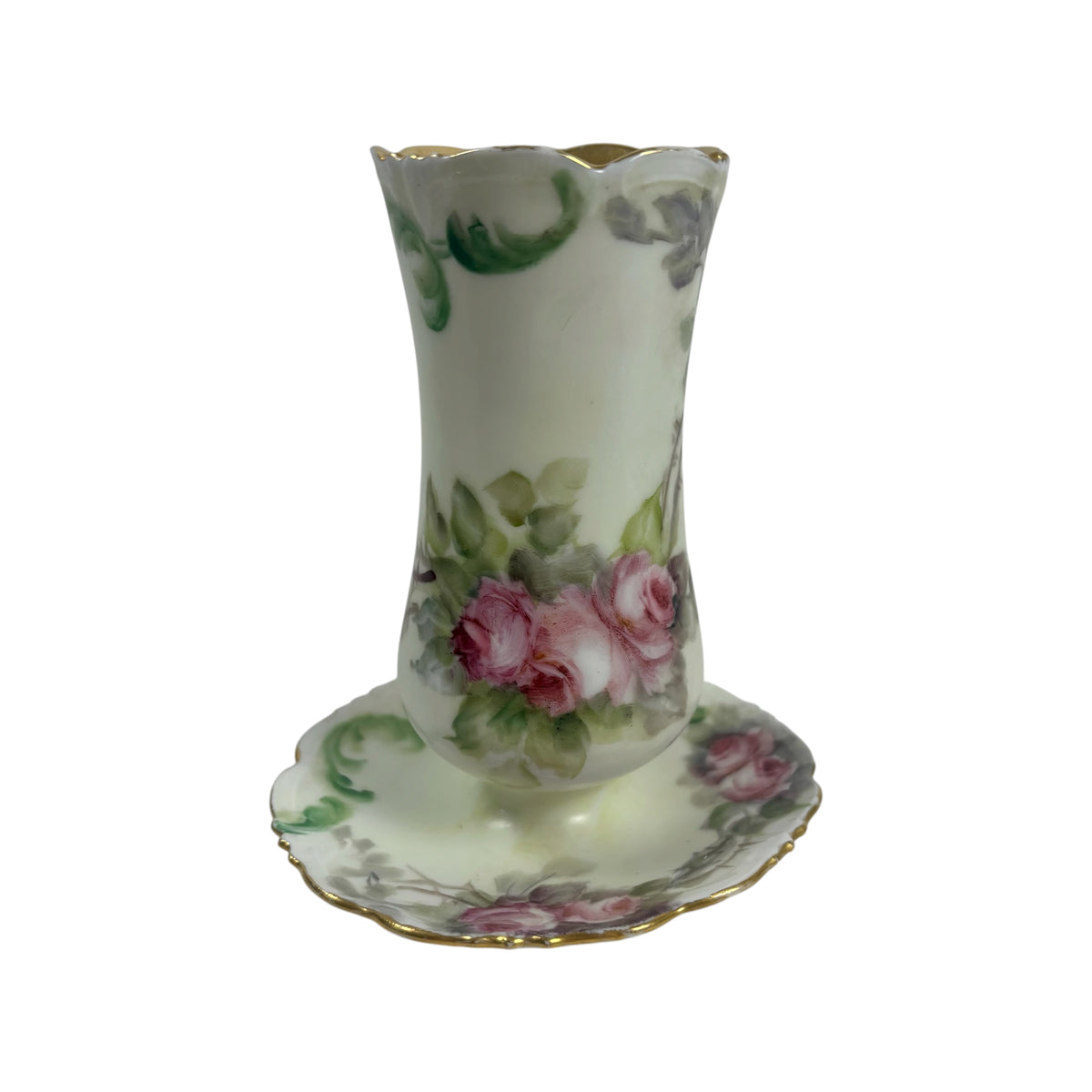 Antique Hand Painted Porcelain Hatpin Holder, Flower Frog |⋆˙⟡| Pink Roses & Gold