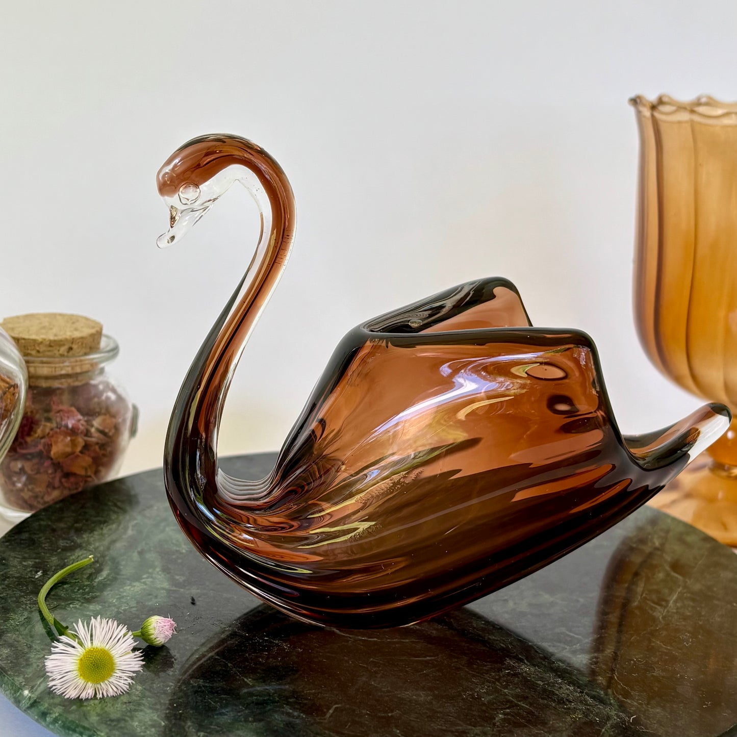 Vintage Amber Glass Swan |⋆˙⟡ |  Mid Century Art Glass Bird Planter / Candy Dish