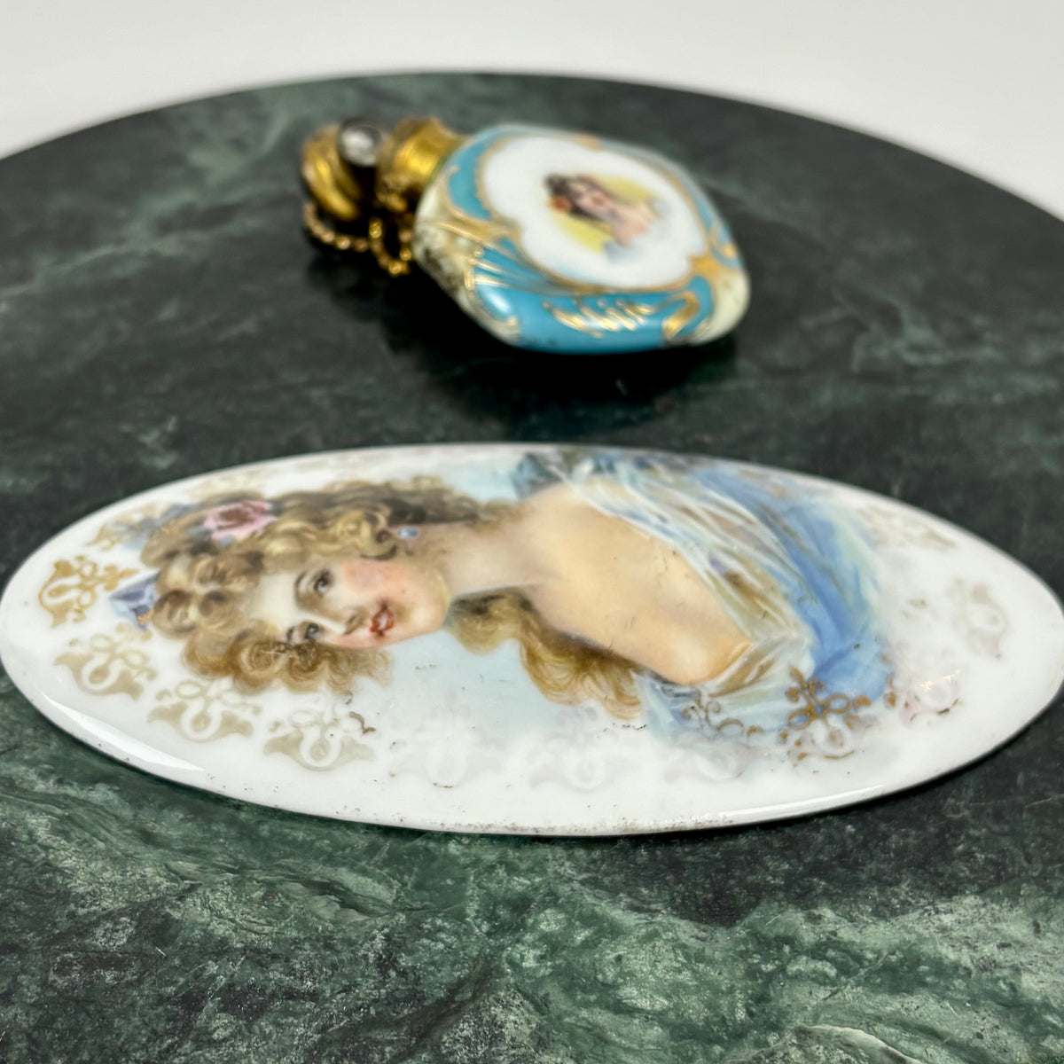 Antique Victorian Lady Portrait Porcelain Trinket Dish & Perfume Bottle Set |⋆˙⟡| Gold Gilt Vanity Decor
