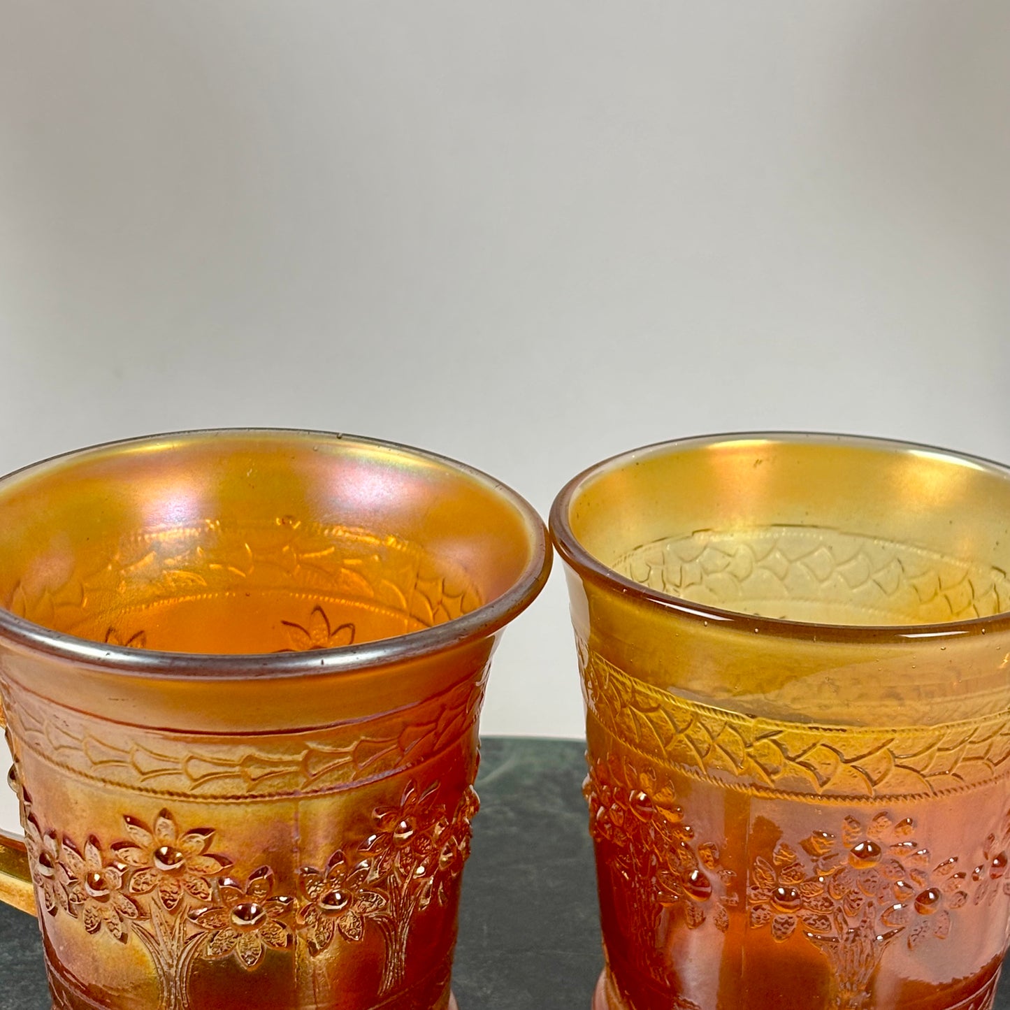 Antique Fenton Orange Tree |⋆˙⟡|Marigold Carnival Glass Mugs Pair, c. 1911–1920s