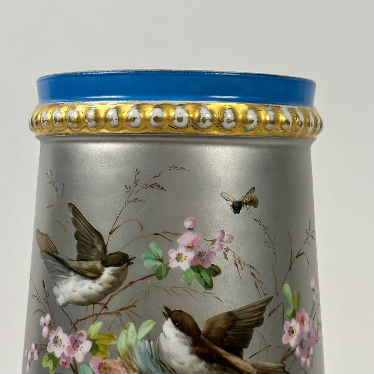 Antique Hand-Painted Bird & Floral Porcelain Vase |⋆˙⟡| Blue & Gold Footed Vase