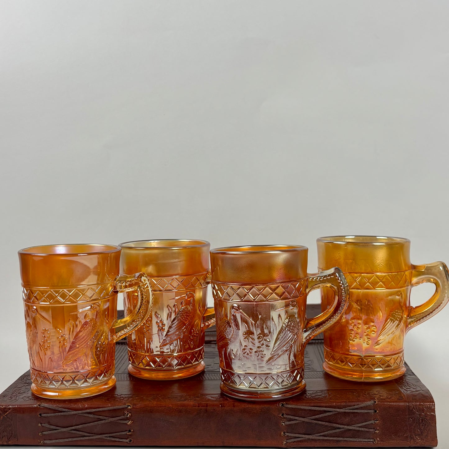 Antique Dugan Stork & Rushes Carnival Glass Mugs – Set of 4 |⋆˙⟡| Circa 1910