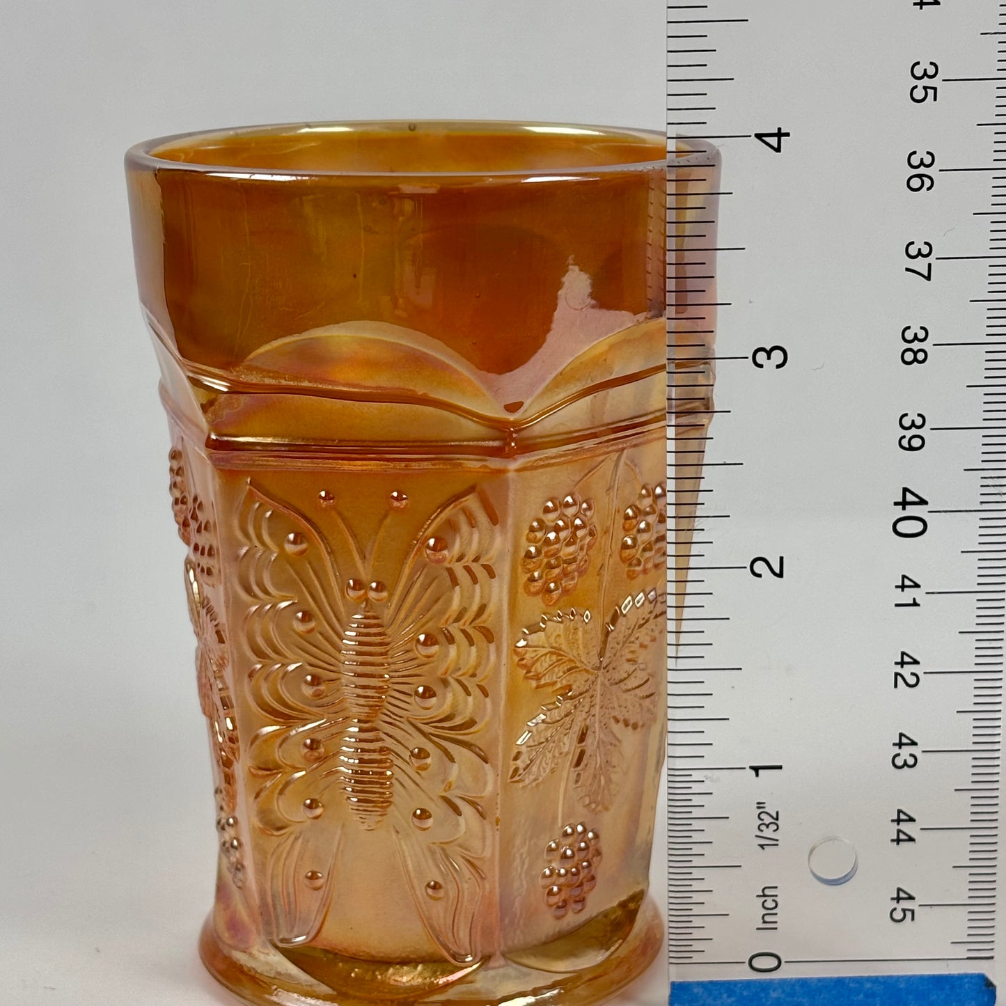 Antique Fenton Butterfly & Berry Marigold Carnival Glass Juice Tumbler |⋆˙⟡| c. 1911