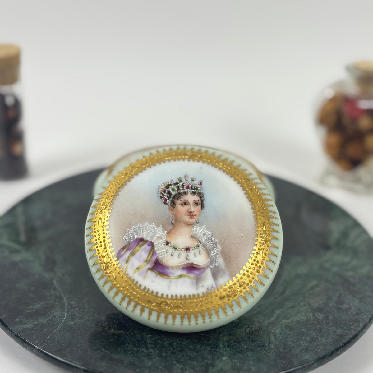 Antique Hand Painted Porcelain Portrait |⋆˙⟡| Trinket Box with Gold Gilt
