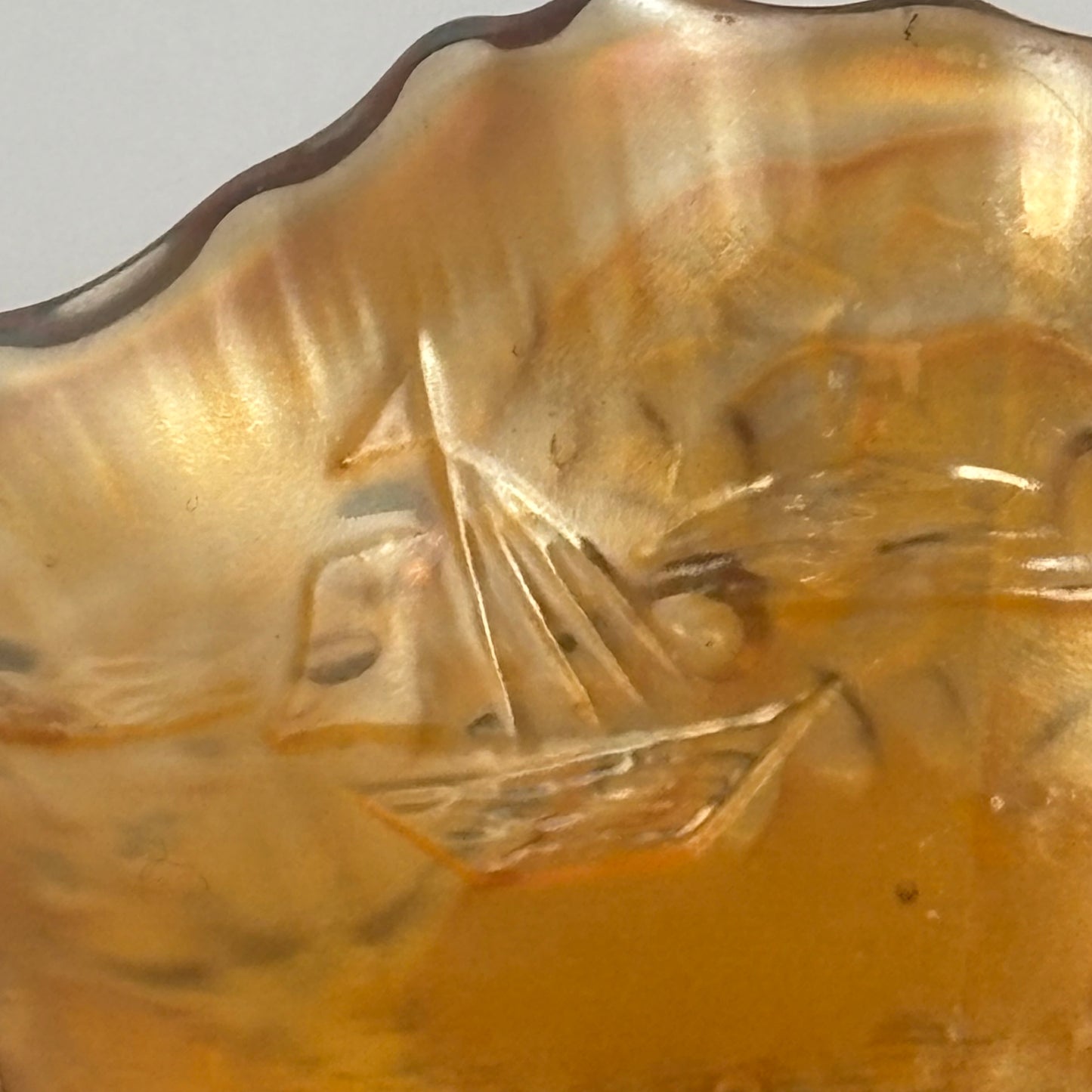 Antique Fenton Sailboats Marigold Carnival Glass Bowl |⋆˙⟡| with Brass Stand, c. Early 1900s
