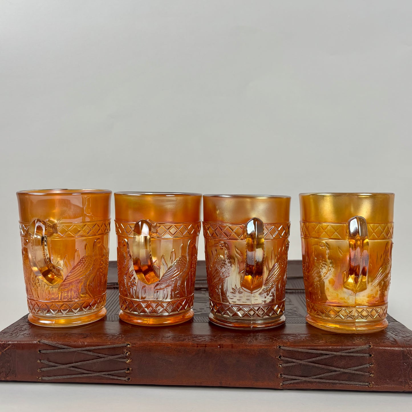 Antique Dugan Stork & Rushes Carnival Glass Mugs – Set of 4 |⋆˙⟡| Circa 1910