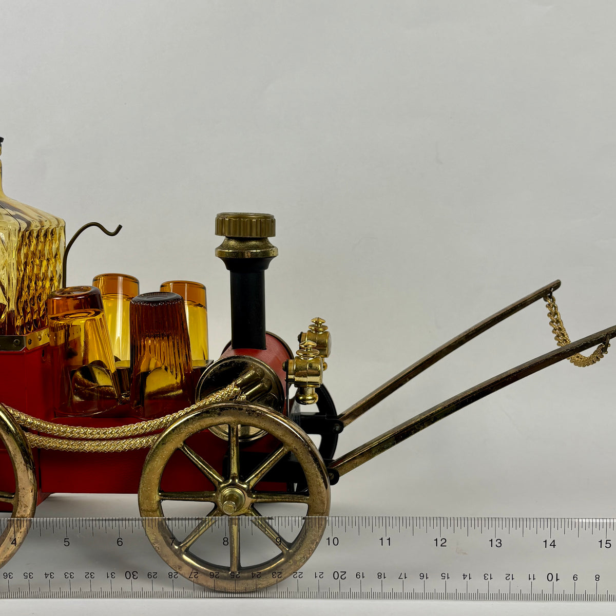 Vintage Japanese Musical Fire Wagon Decanter Set |⋆˙⟡| Amber Glass Barware