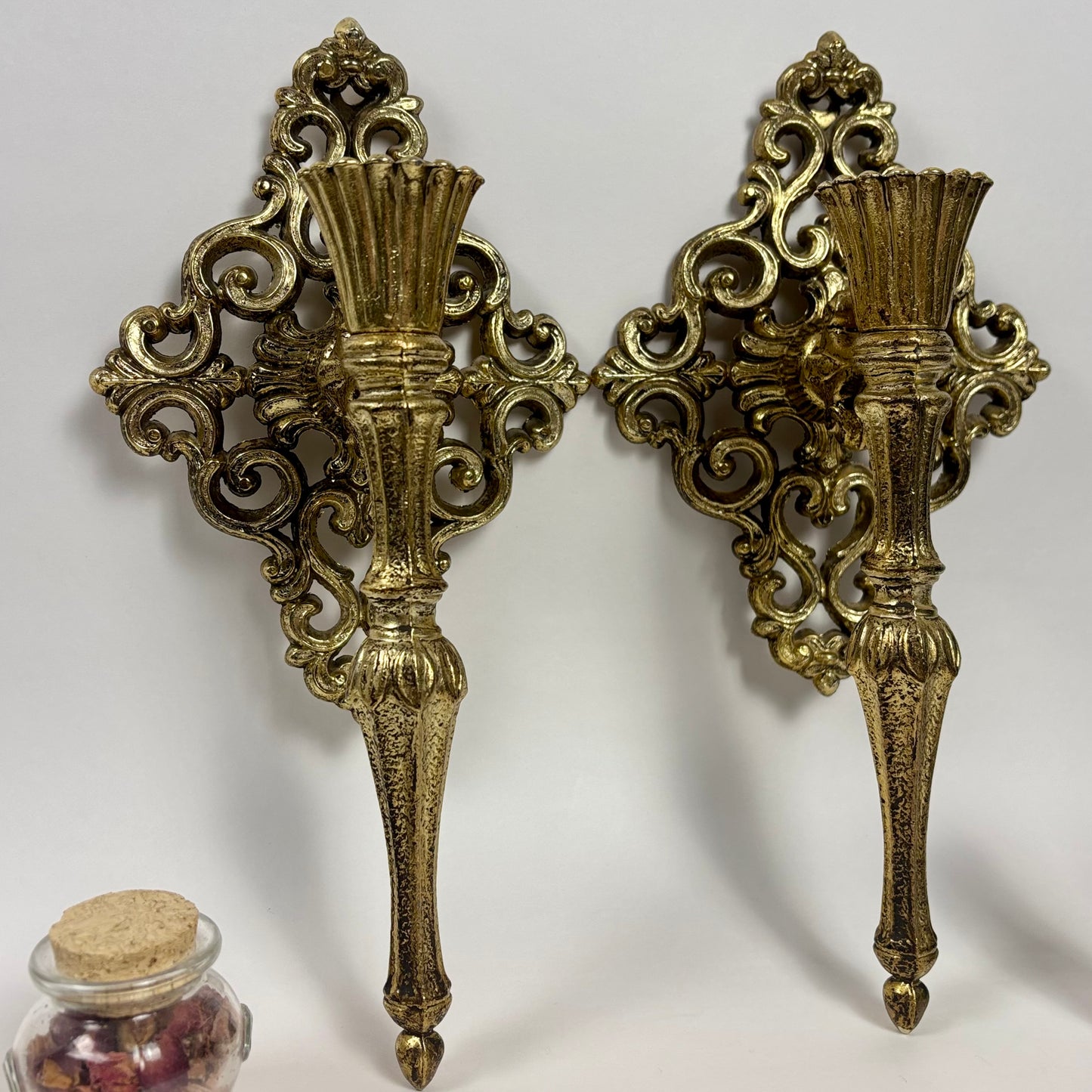 Pair of Vintage Ornate Gold Metal Wall Candle Sconces |⋆˙⟡| Hollywood Regency Scrollwork Candle Holders