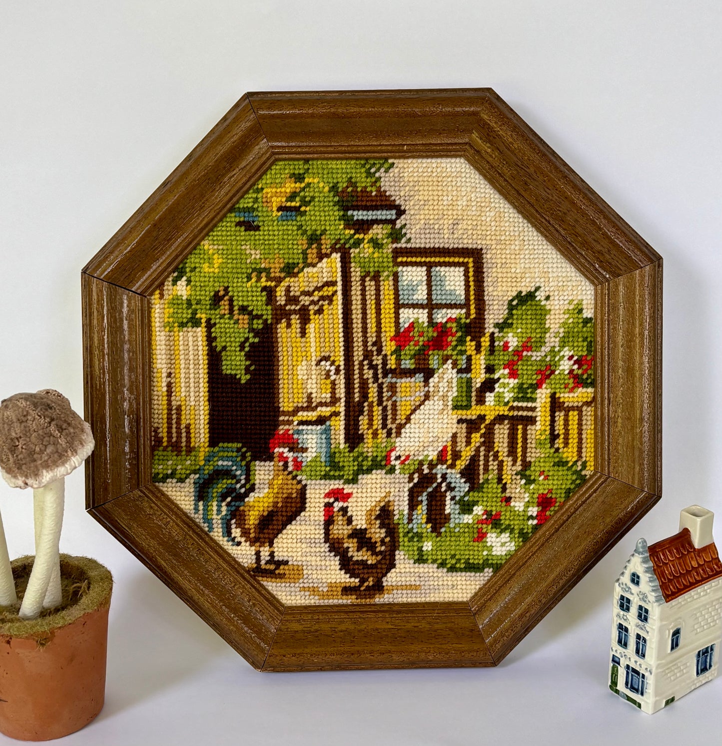 90's Handmade Framed Wall Art Set (2) ⋆˙⟡  Needlepoint Farm Scene + Quilt Block