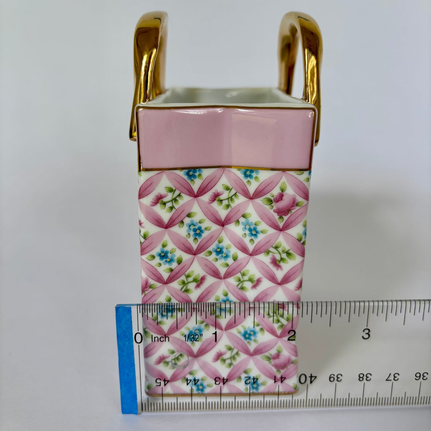 Porcelain Purse Planter / Vase |⋆˙⟡ | Pink Floral Lattice Gold Handle Vanity Decor