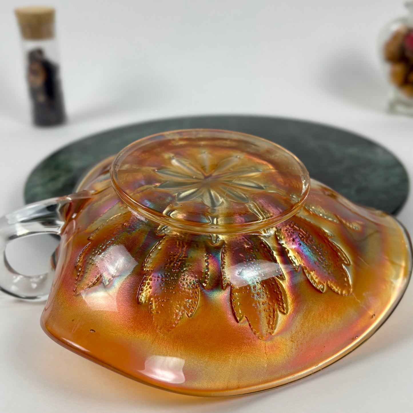 Antique Dugan Glass Leaf Ray Marigold Carnival Glass Nappy Dish |⋆˙⟡| Iridescent Handled Bowl, c. 1910