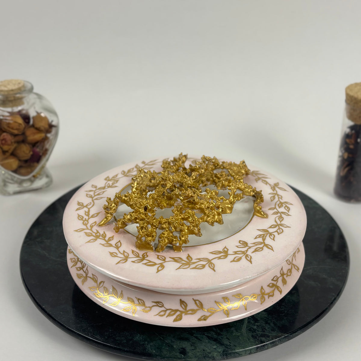 RARE Antique KT&K Lotus Ware |⋆˙⟡| Pink & Gold Porcelain Covered Dresser Box