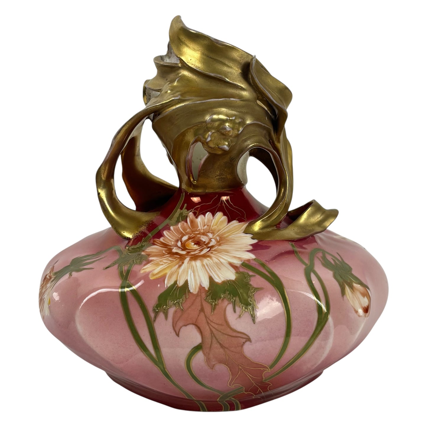 Vintage Art Nouveau Hand-Painted Pink Floral |⋆˙⟡| Porcelain Vase with Gilt Handles